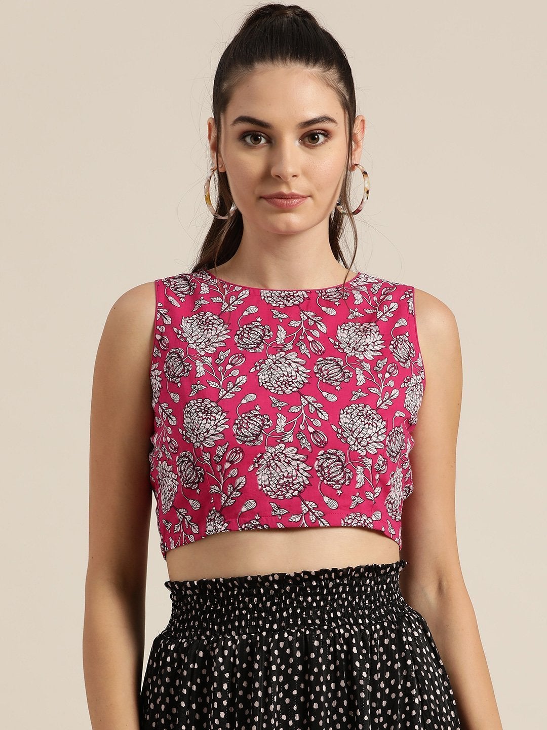 Women's Fuchsia Floral Sleeveless Crop Top