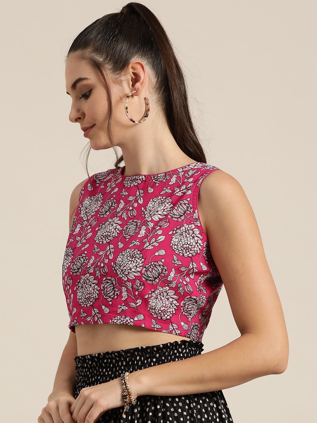 Women's Fuchsia Floral Sleeveless Crop Top