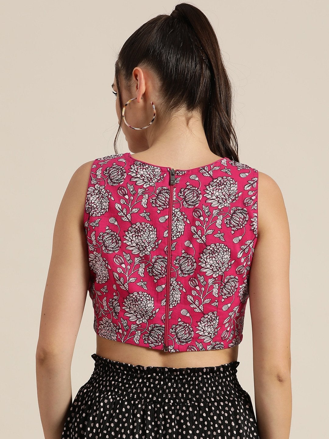 Women's Fuchsia Floral Sleeveless Crop Top