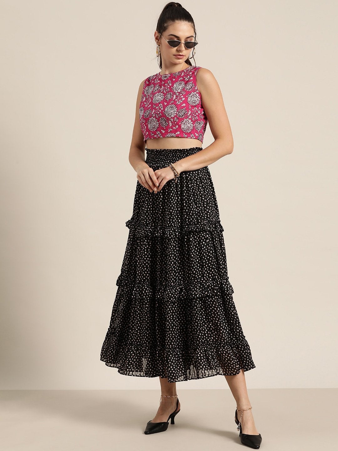 Women's Fuchsia Floral Sleeveless Crop Top