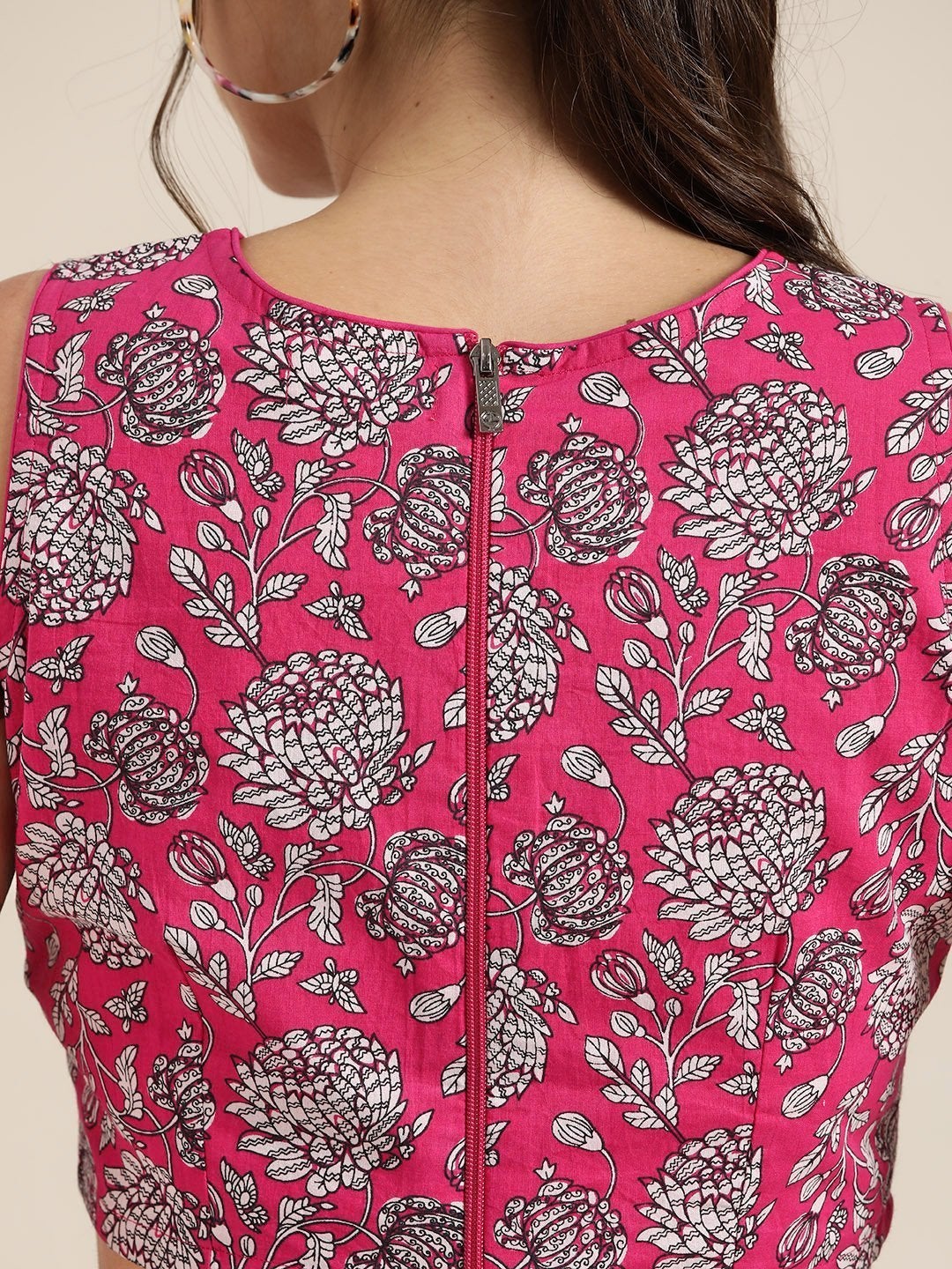 Women's Fuchsia Floral Sleeveless Crop Top