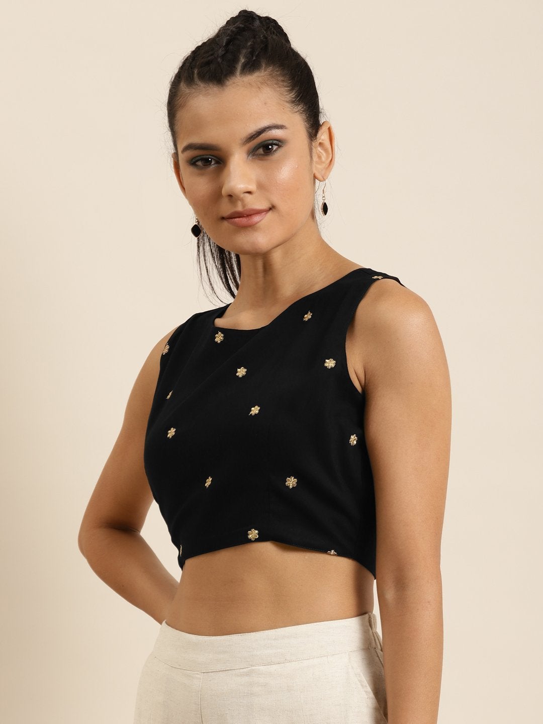 Women's Black Sleeveless Embroidered Crop Top - SHAE
