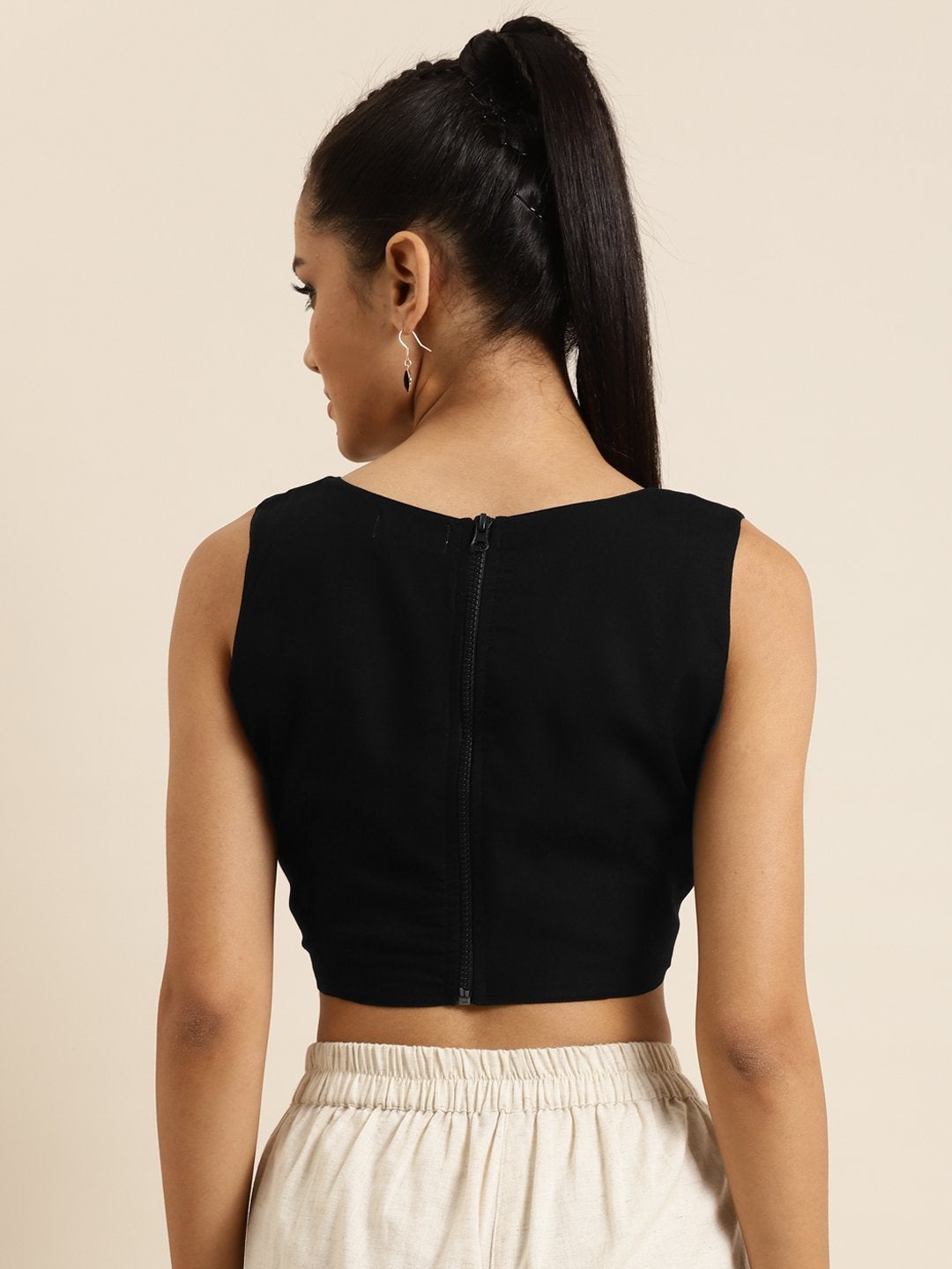 Women's Black Sleeveless Embroidered Crop Top - SHAE