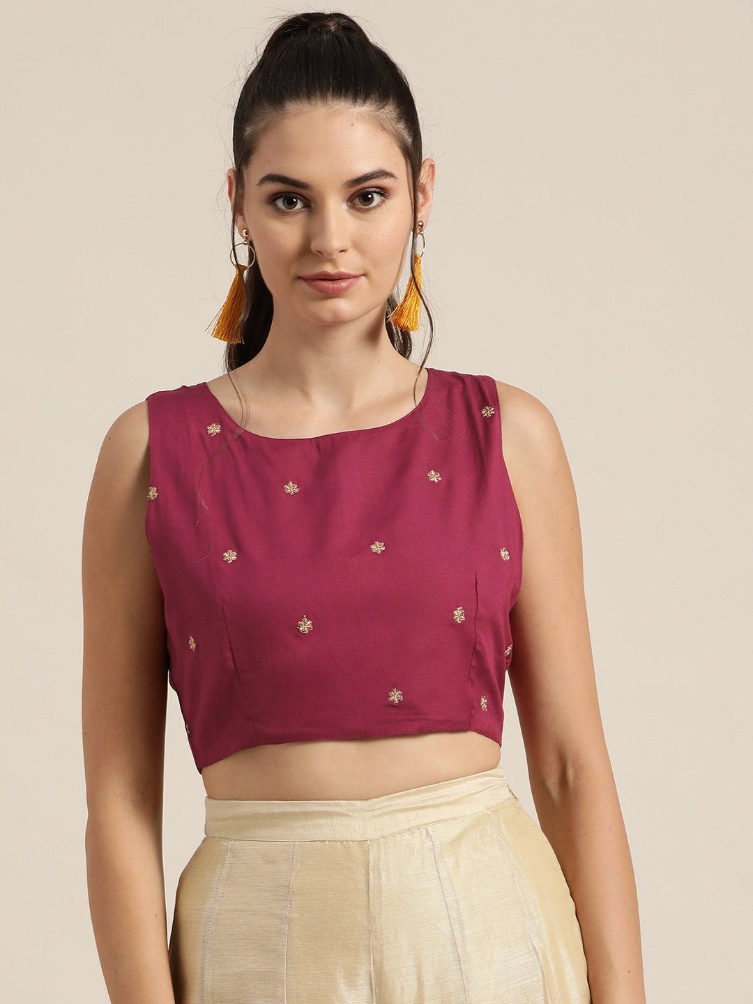 Women's Burgundy Sleeveless Embroidered Crop Top