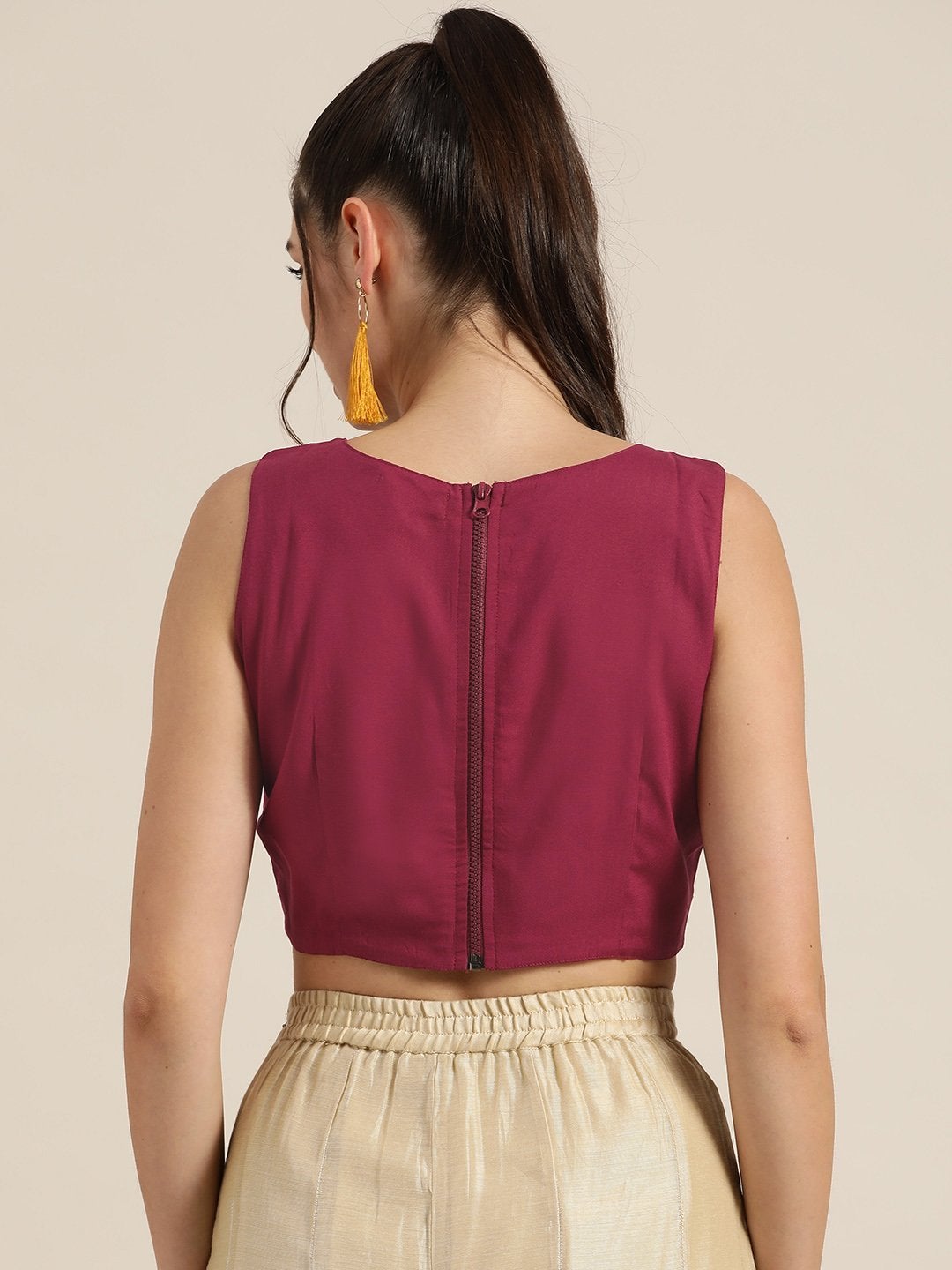 Women's Burgundy Sleeveless Embroidered Crop Top
