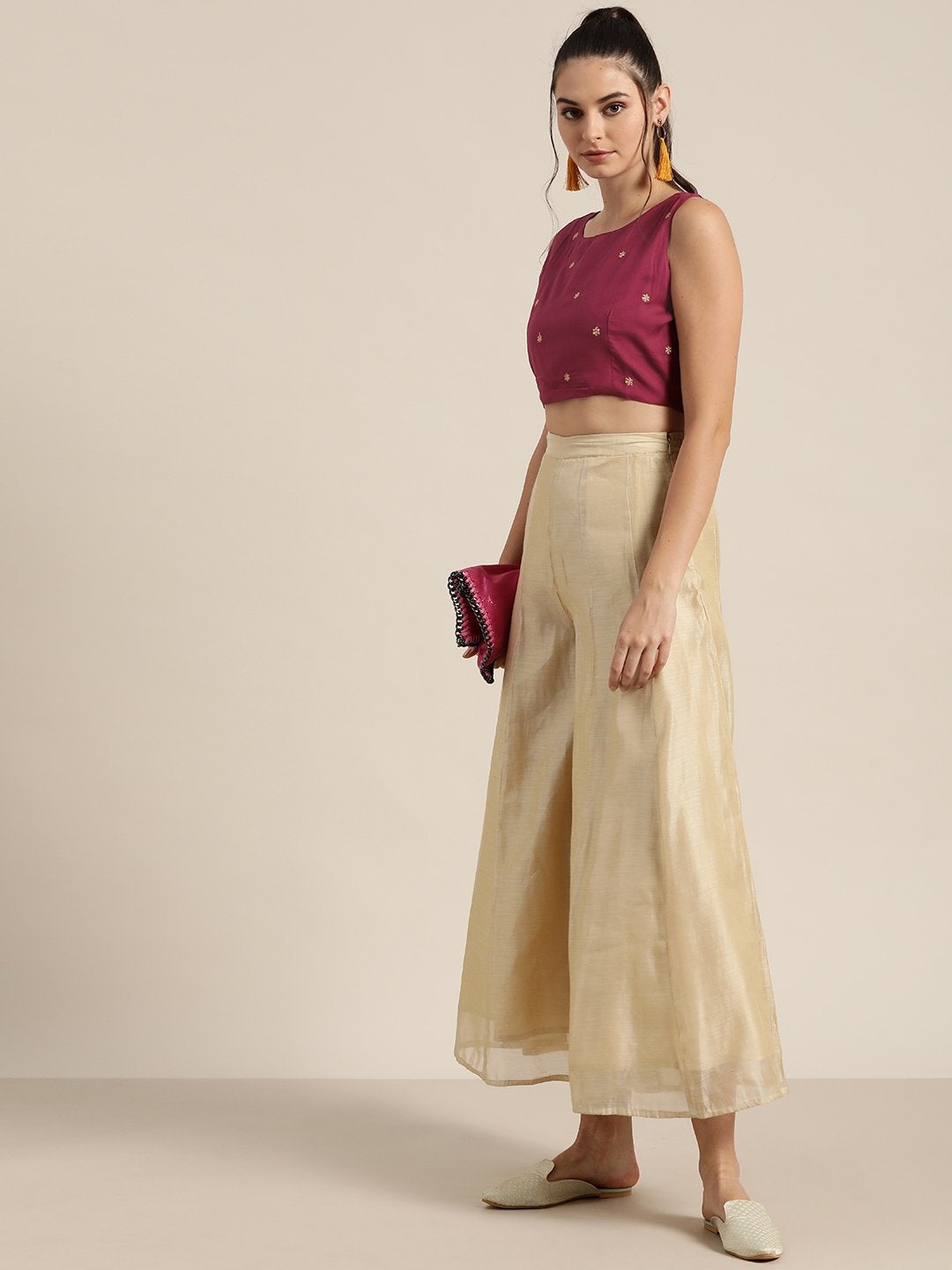 Women's Burgundy Sleeveless Embroidered Crop Top