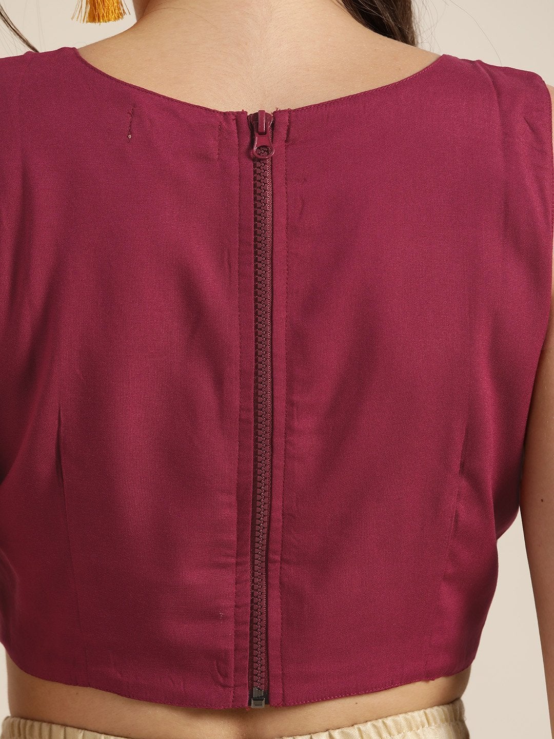 Women's Burgundy Sleeveless Embroidered Crop Top