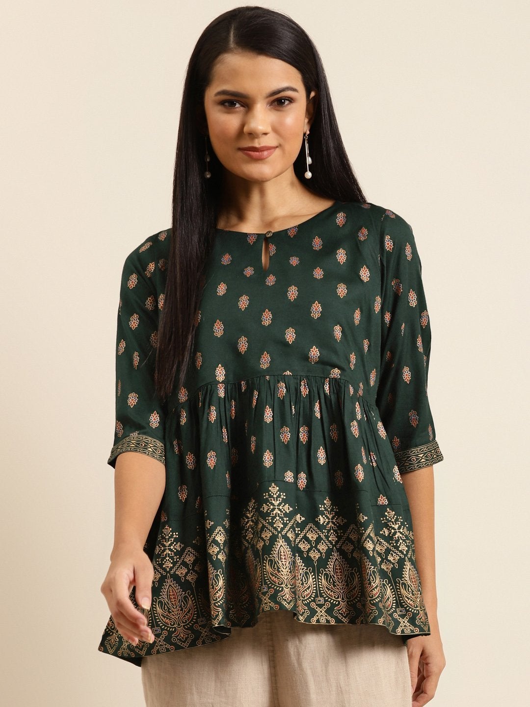 Women's Emerald Green Foil Print Peplum Top - SHAE