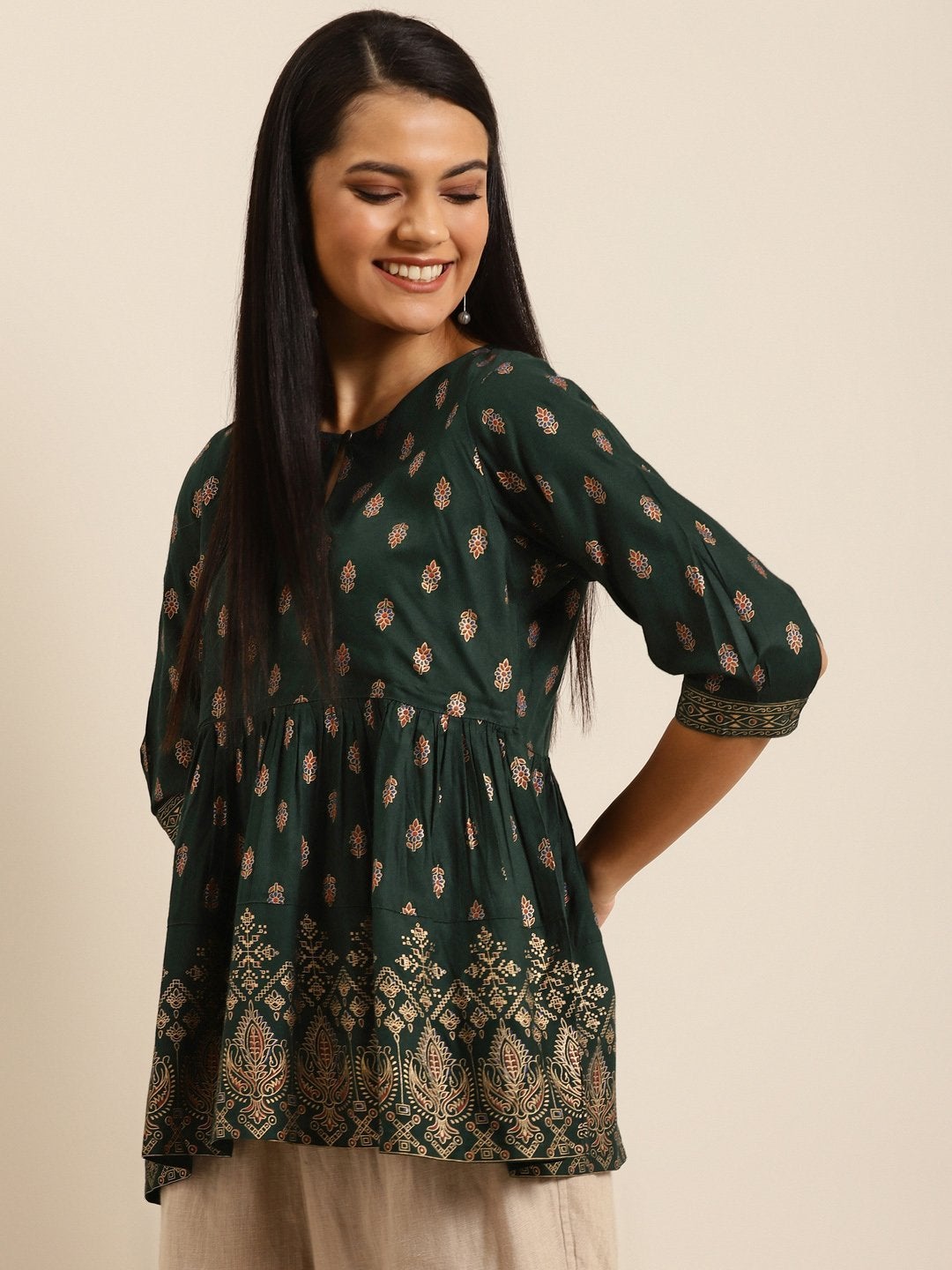 Women's Emerald Green Foil Print Peplum Top - SHAE
