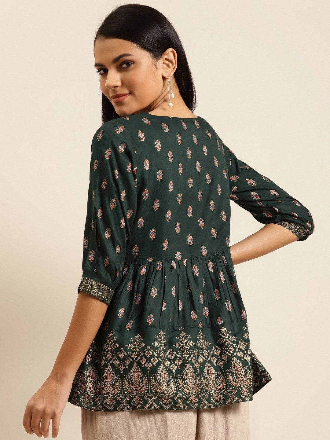 Women's Emerald Green Foil Print Peplum Top - SHAE