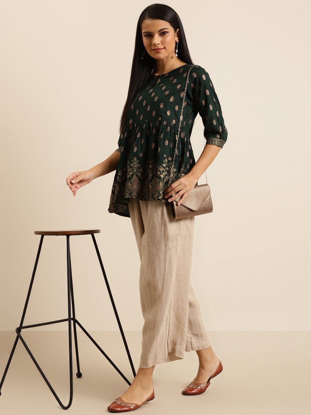 Women's Emerald Green Foil Print Peplum Top - SHAE