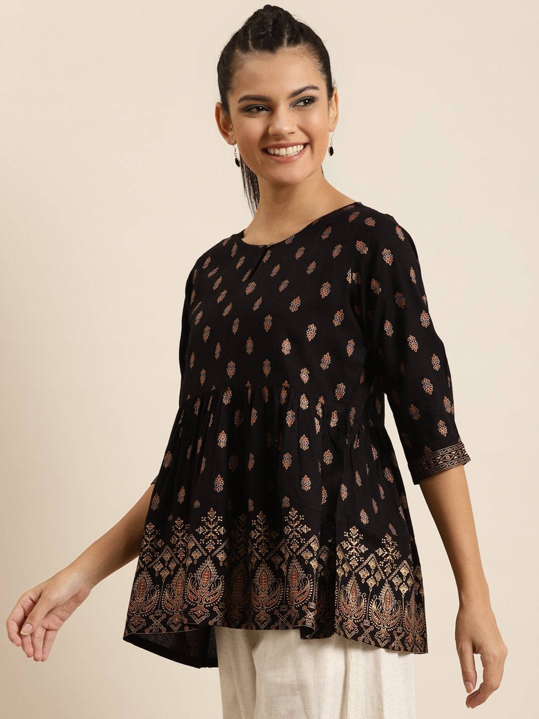 Women's Black Foil Print Peplum Top - SHAE