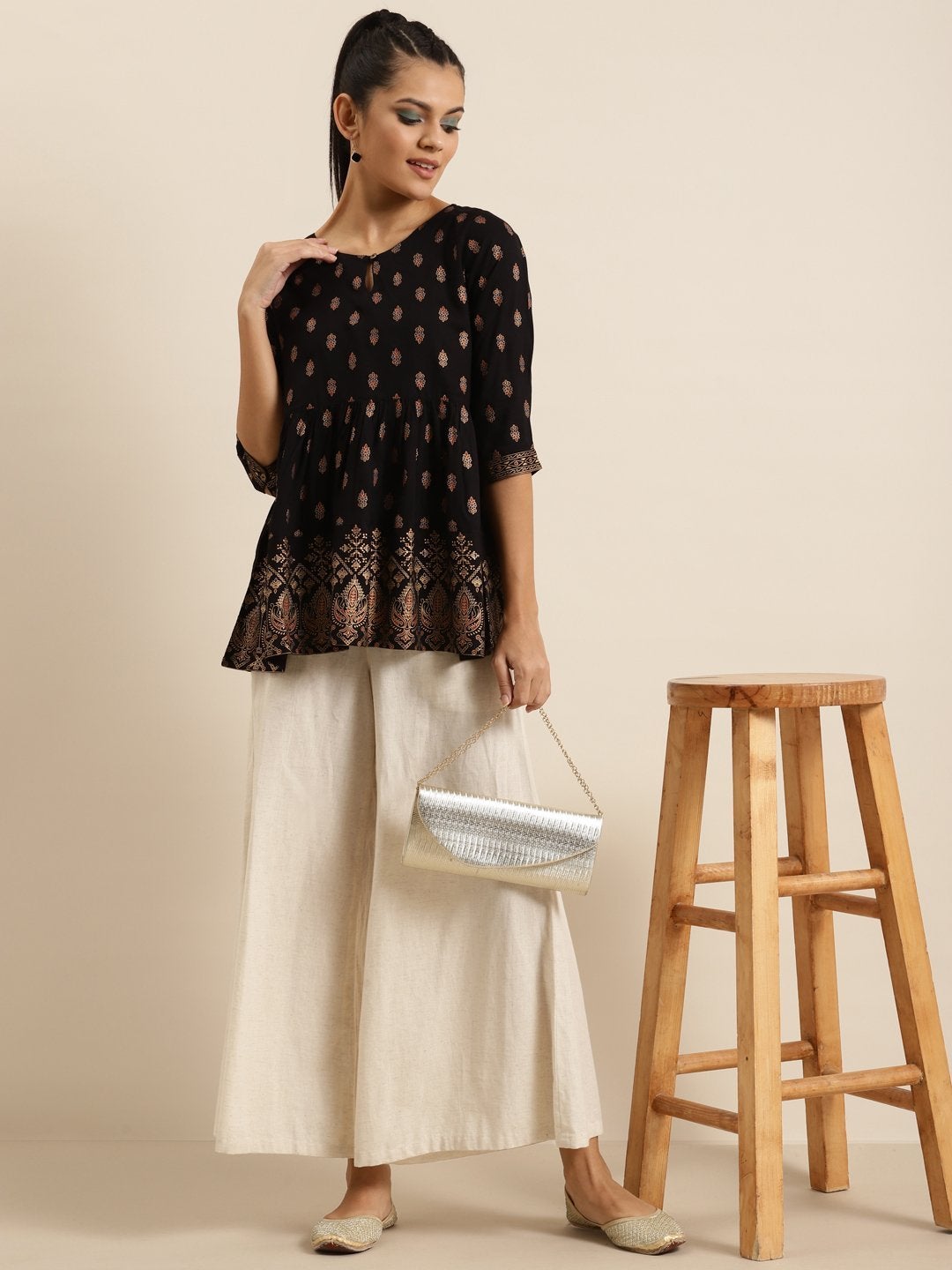 Women's Black Foil Print Peplum Top - SHAE
