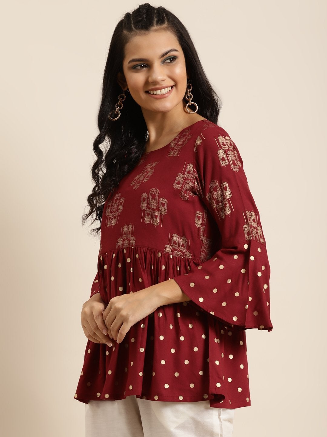 Women's Maroon Foil Print Flared Sleeves Top - SHAE