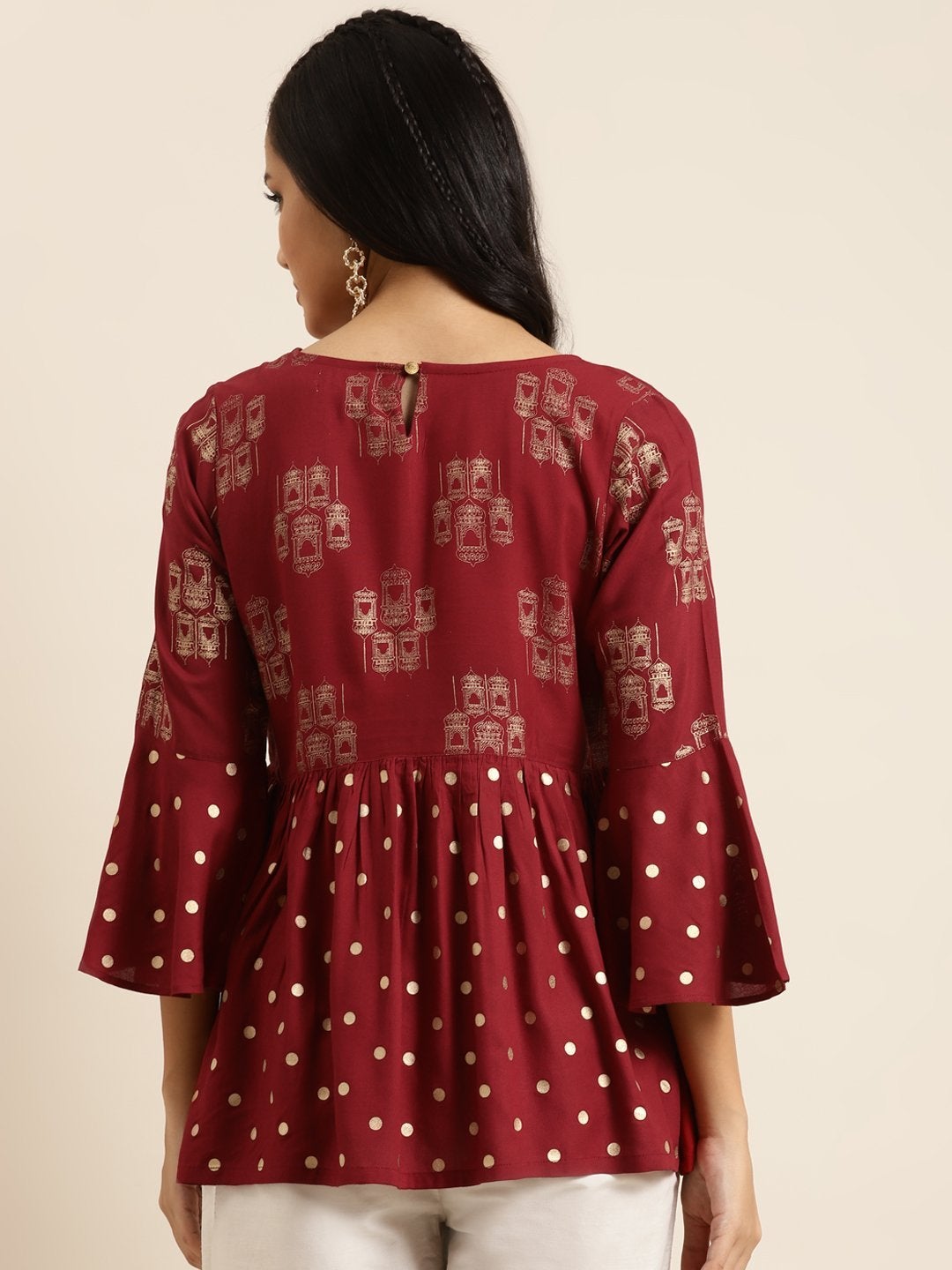 Women's Maroon Foil Print Flared Sleeves Top - SHAE