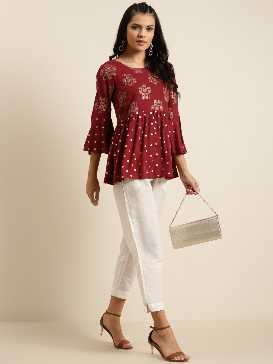 Women's Maroon Foil Print Flared Sleeves Top - SHAE