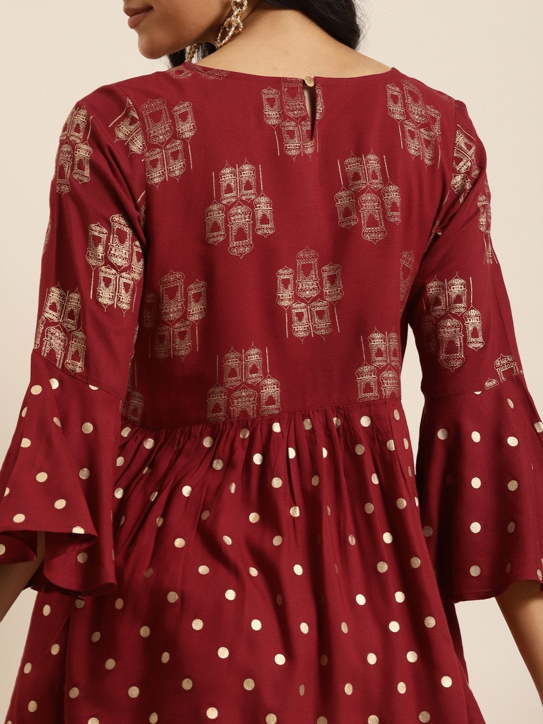 Women's Maroon Foil Print Flared Sleeves Top - SHAE