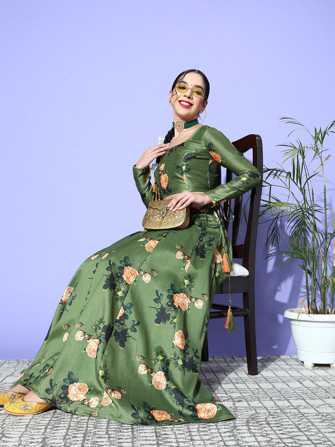 Women's Green Floral Chanderi Crop Top - Lyush
