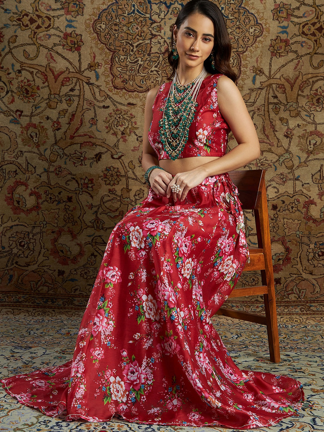 Women's Maroon Chanderi Floral Back Bow Tie Crop Top - Lyush