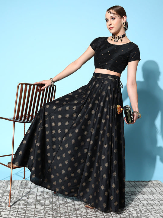 Women's Black Cotton Silk Geo Foil Crop Top - Lyush