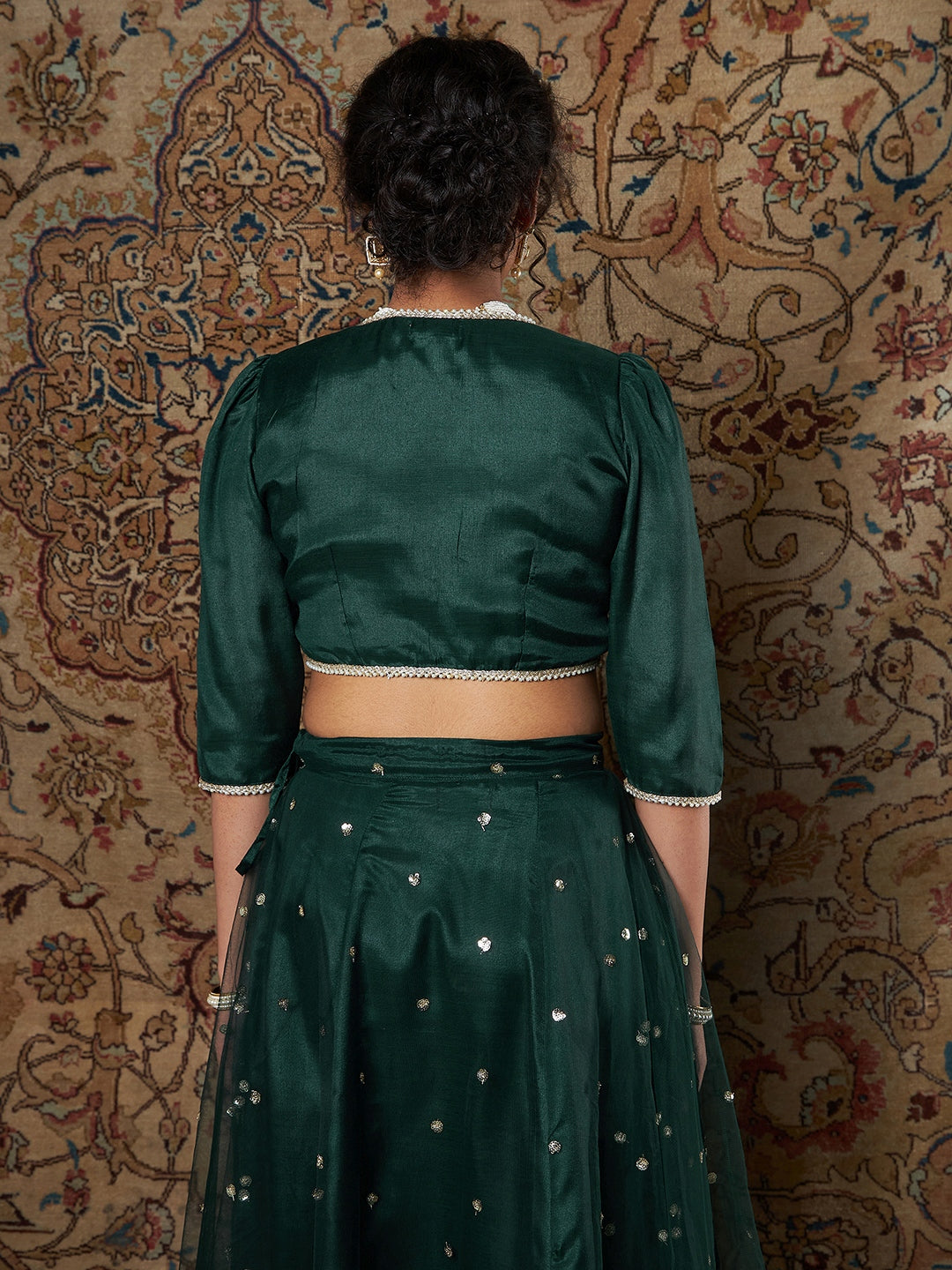 Women's Green Satin Lace Detail Crop Top - Lyush