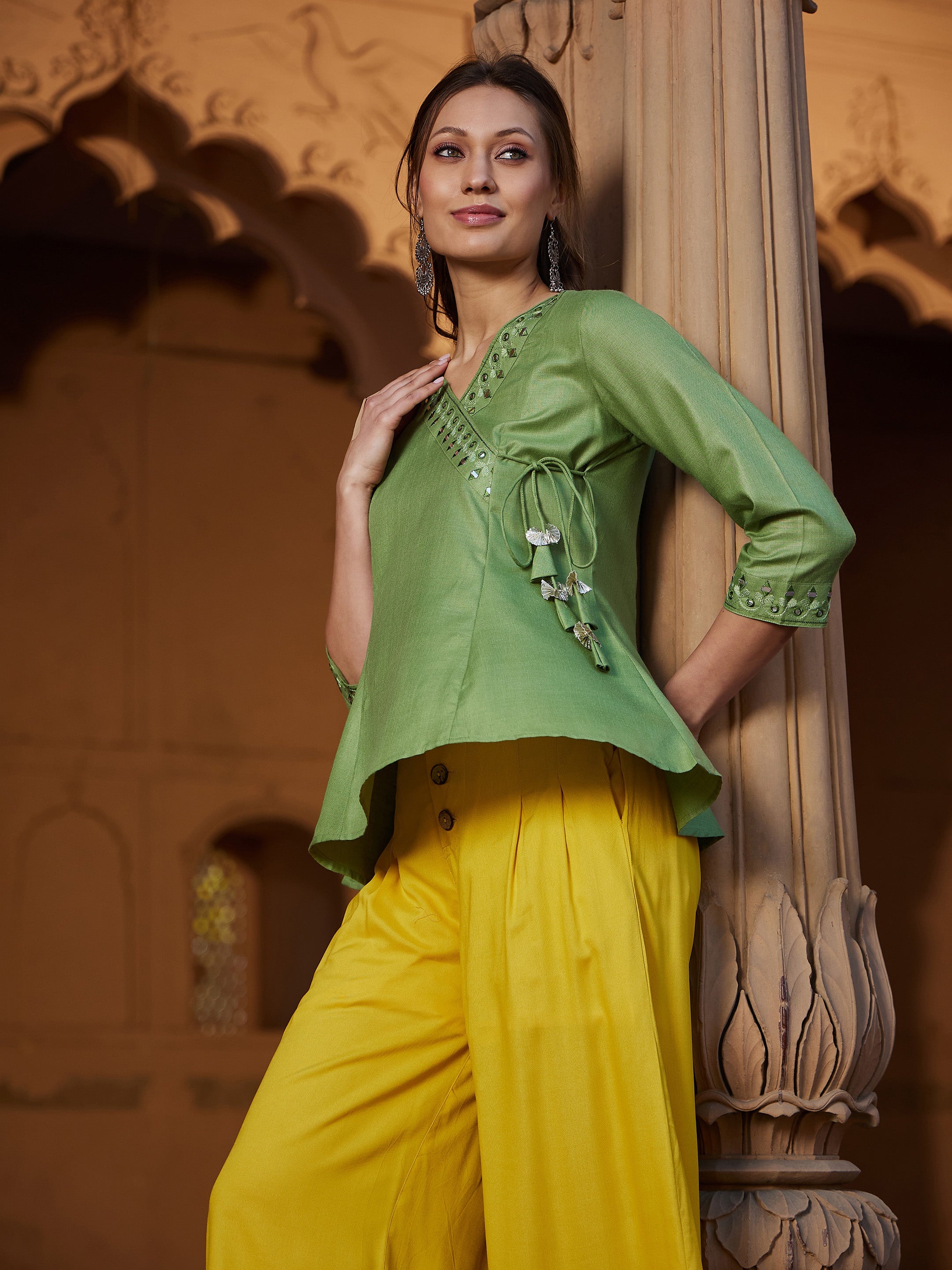 Women's Green Embroidered Angrakha Top - SASSAFRAS