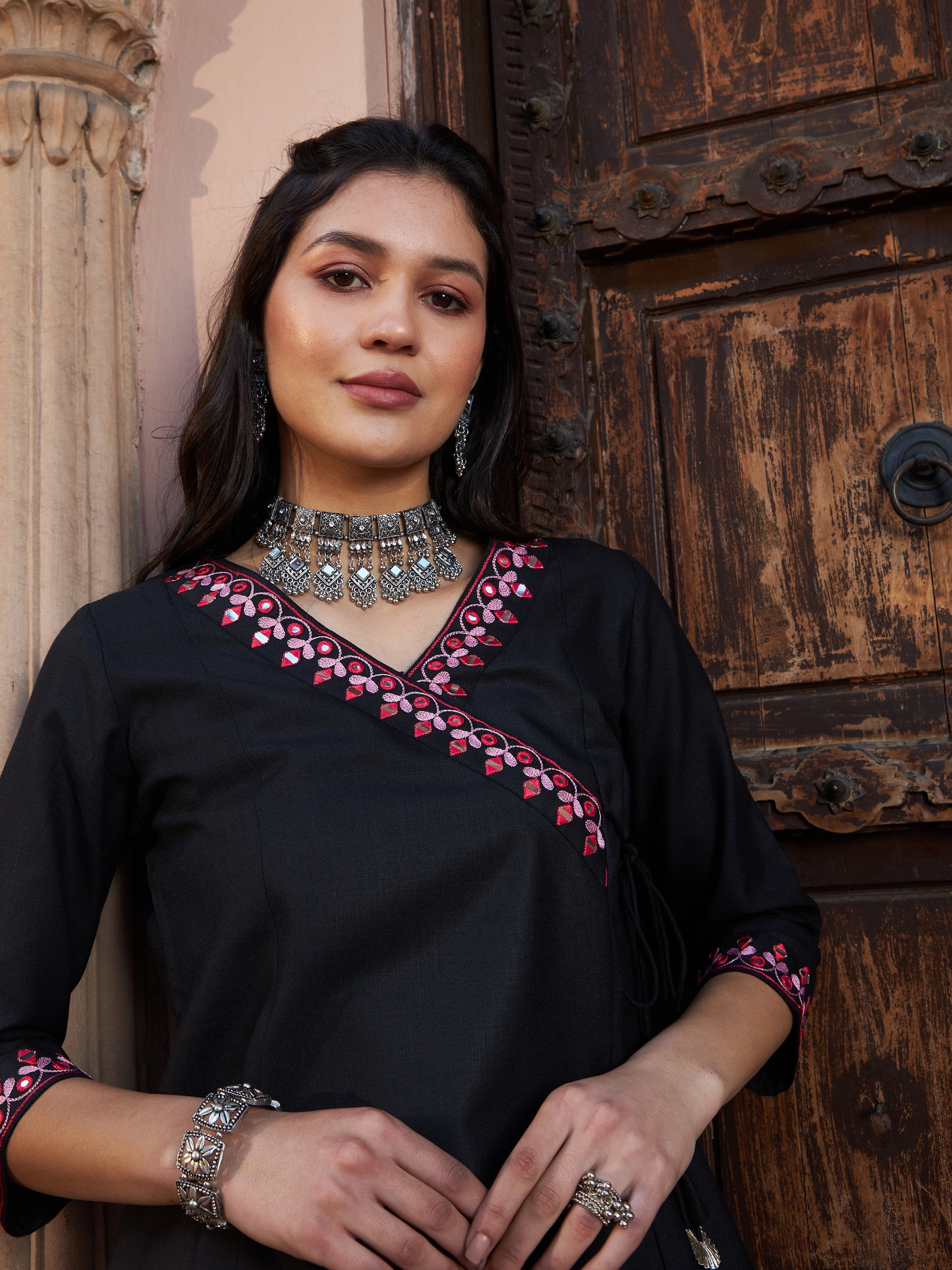 Women's Black Embroidered Angrakha Top - SASSAFRAS
