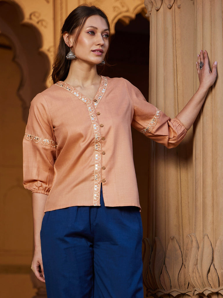 Women's Peach Scalloped Embroidered Top