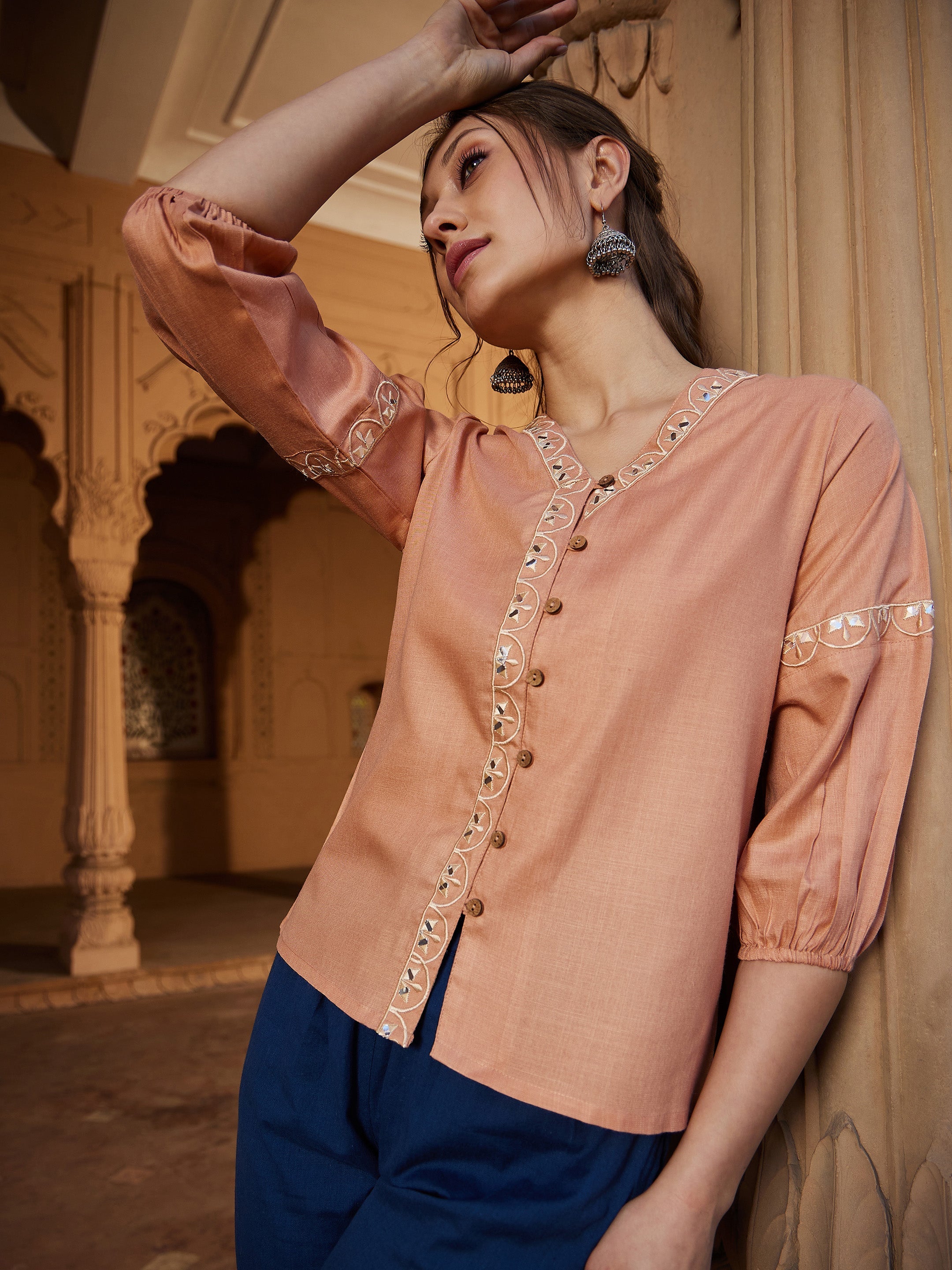 Women's Peach Scalloped Embroidered Top