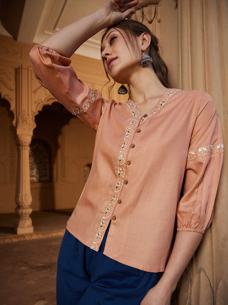 Women's Peach Scalloped Embroidered Top