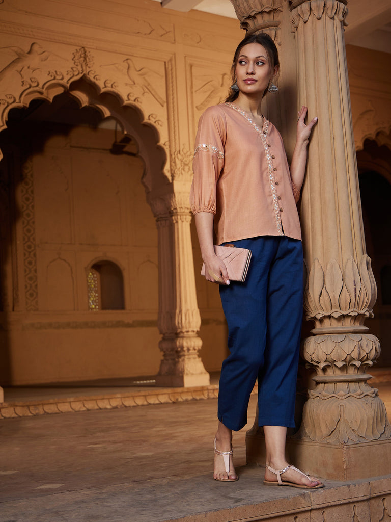 Women's Peach Scalloped Embroidered Top