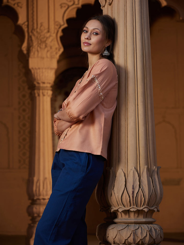 Women's Peach Scalloped Embroidered Top
