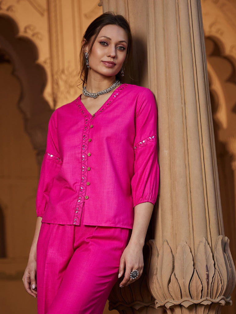 Women's Fuchsia Scalloped Embroidered Top