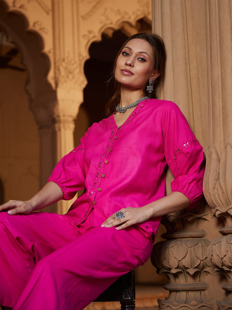 Women's Fuchsia Scalloped Embroidered Top