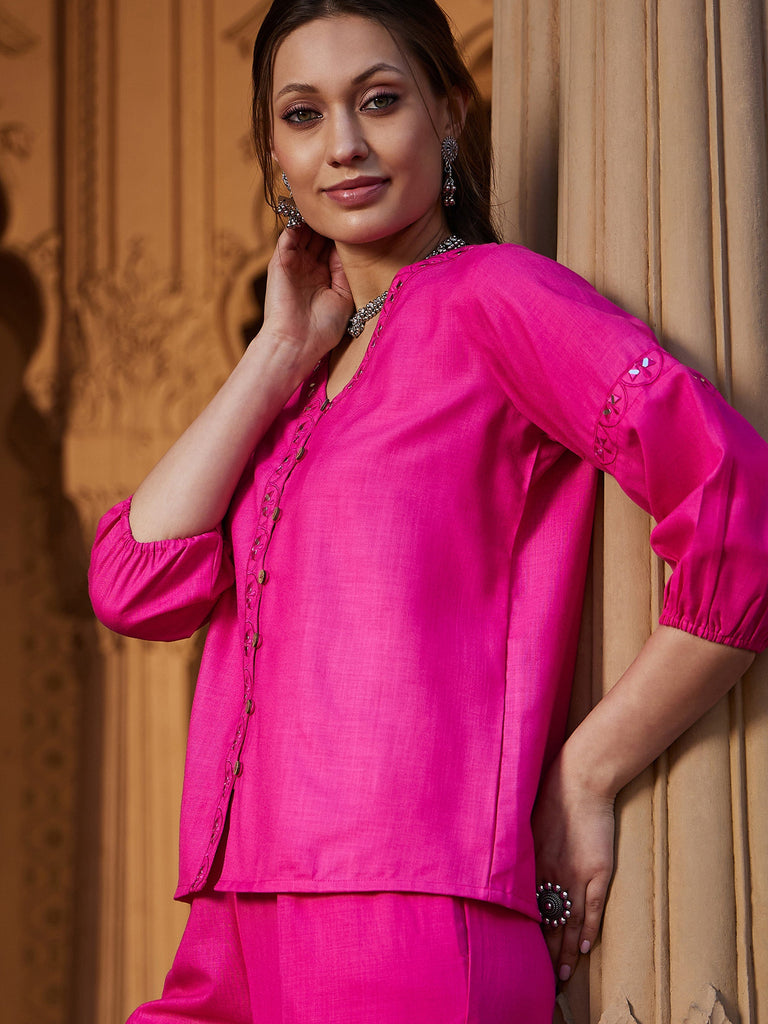 Women's Fuchsia Scalloped Embroidered Top