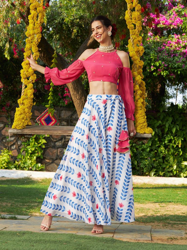 Women's Pink Embroidered Cold Shoulder Crop Top