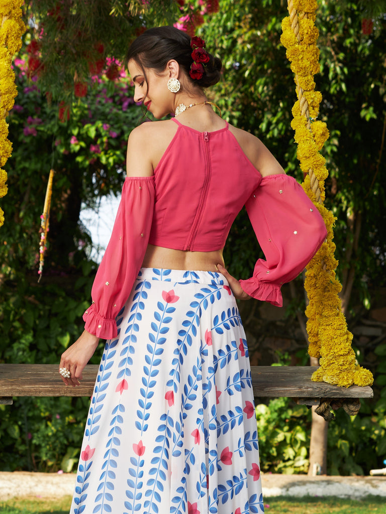Women's Pink Embroidered Cold Shoulder Crop Top