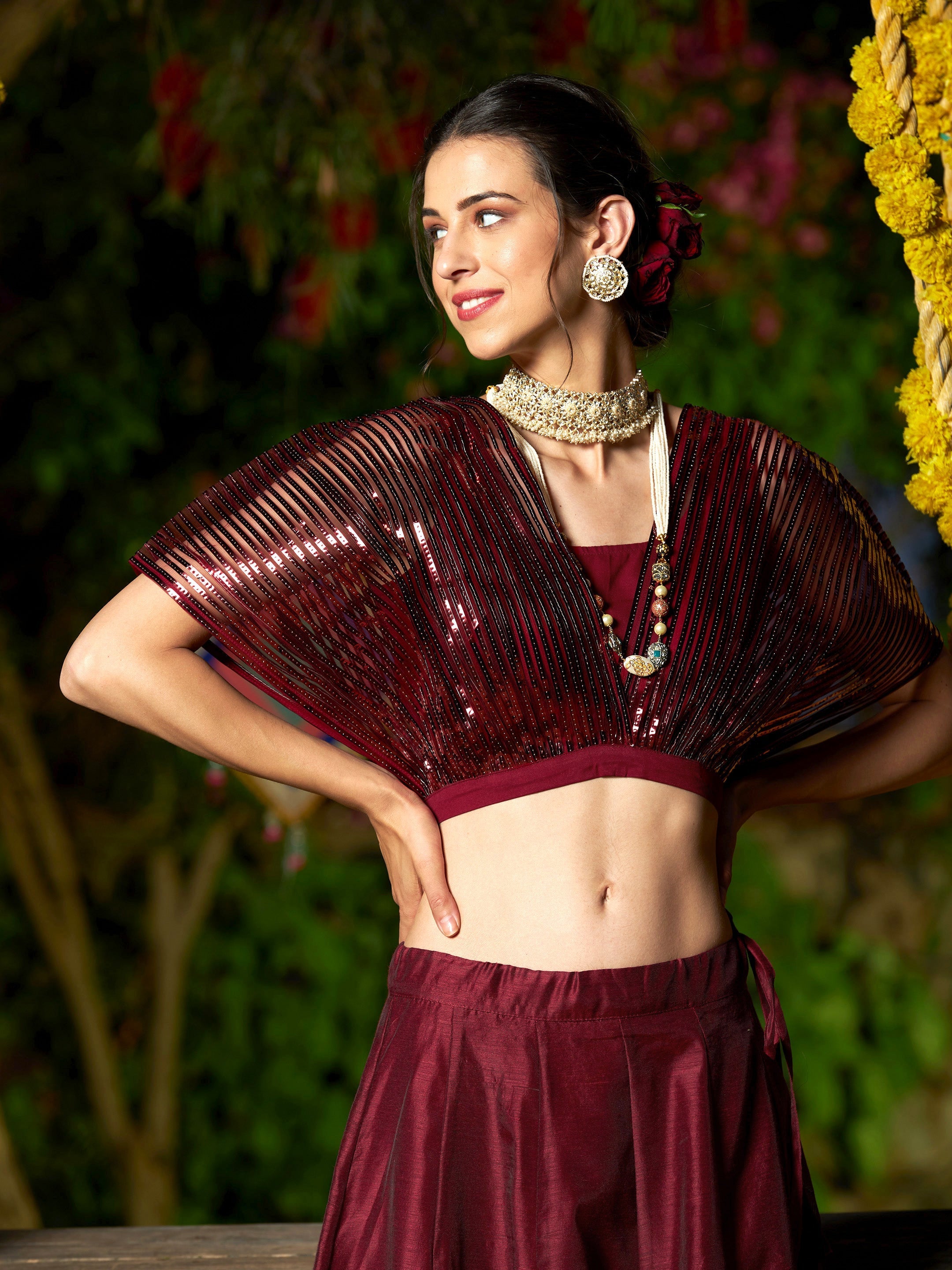 Women's Maroon Mesh Mettalic Stripe Detail Crop Top - SASS
