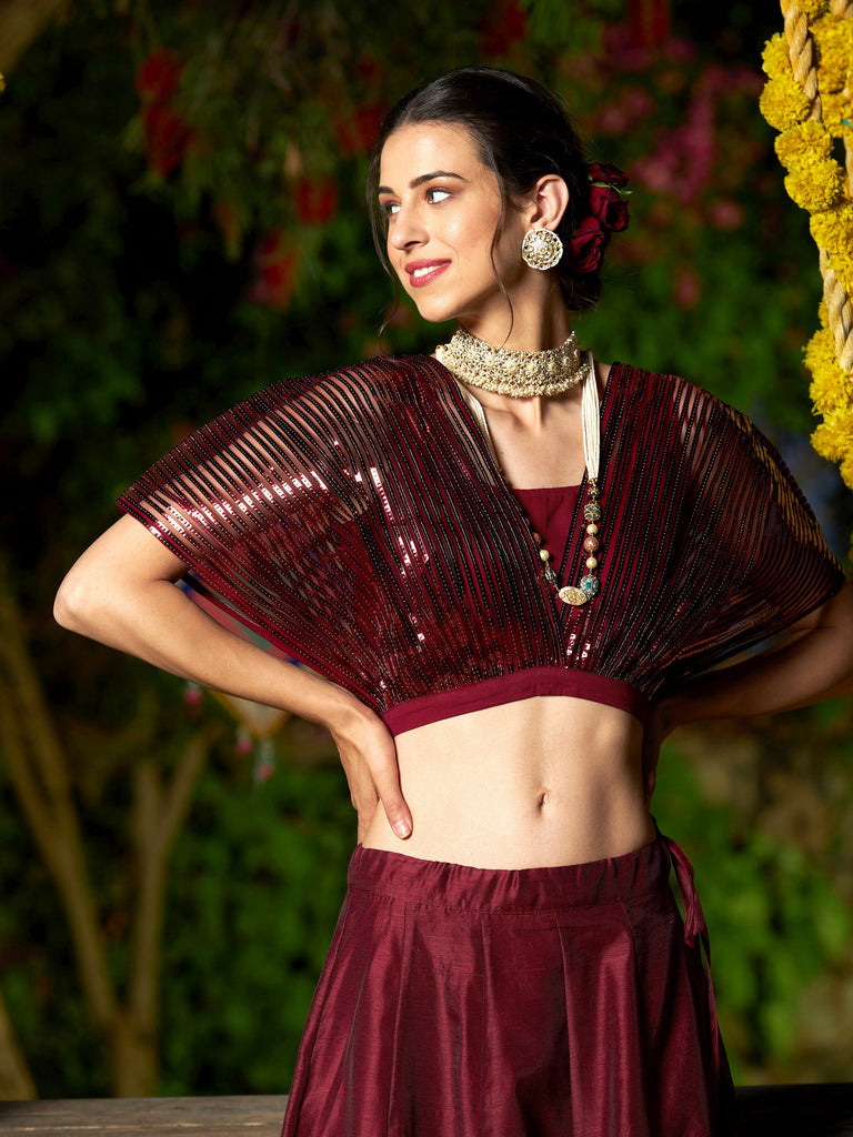 Women's Maroon Mesh Mettalic Stripe Detail Crop Top - SASS