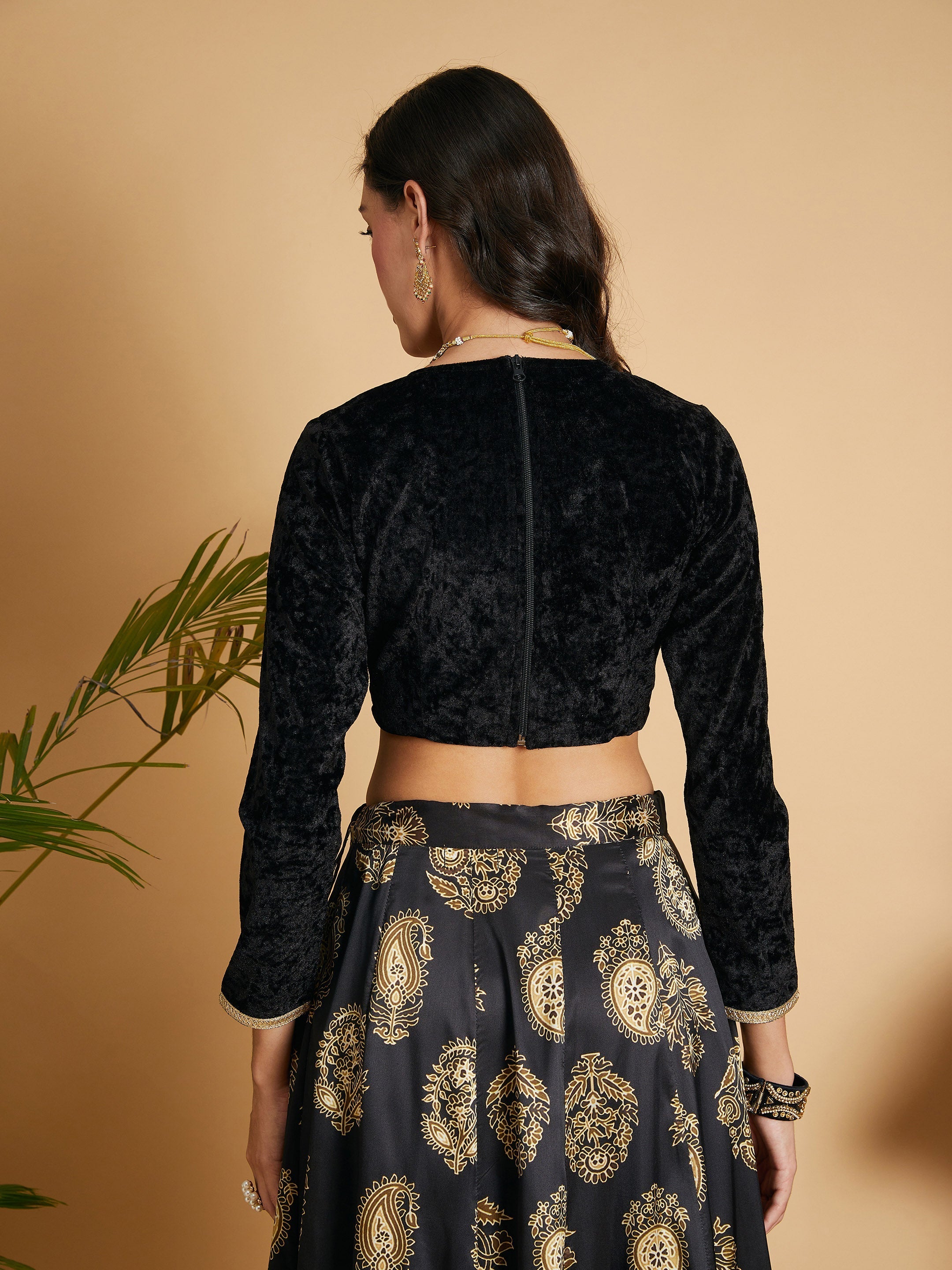 Women's Black Velvet Embroidered Crop Top - Lyush
