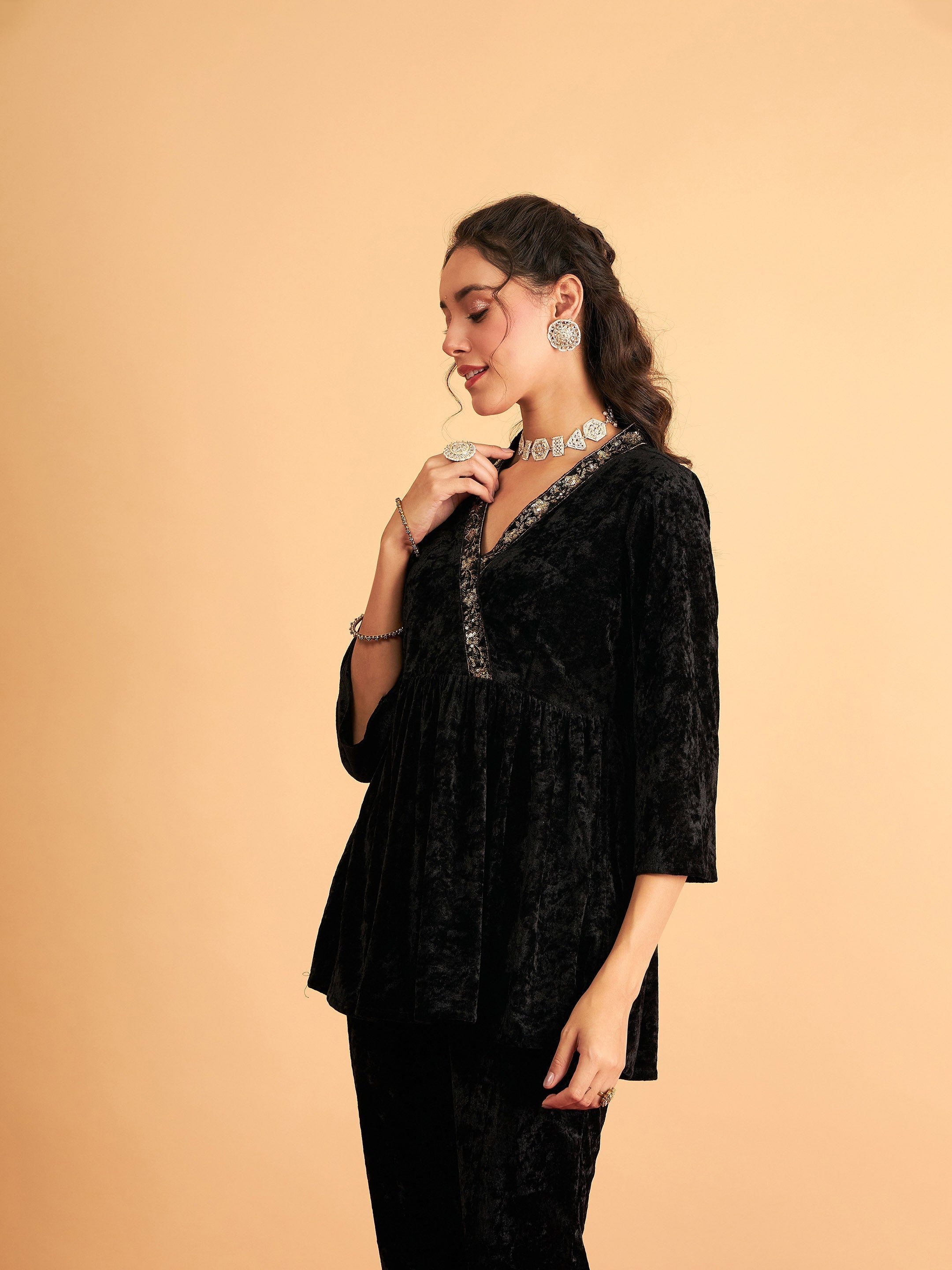 Women's Black Velvet Embroidered Peplum Top - Lyush