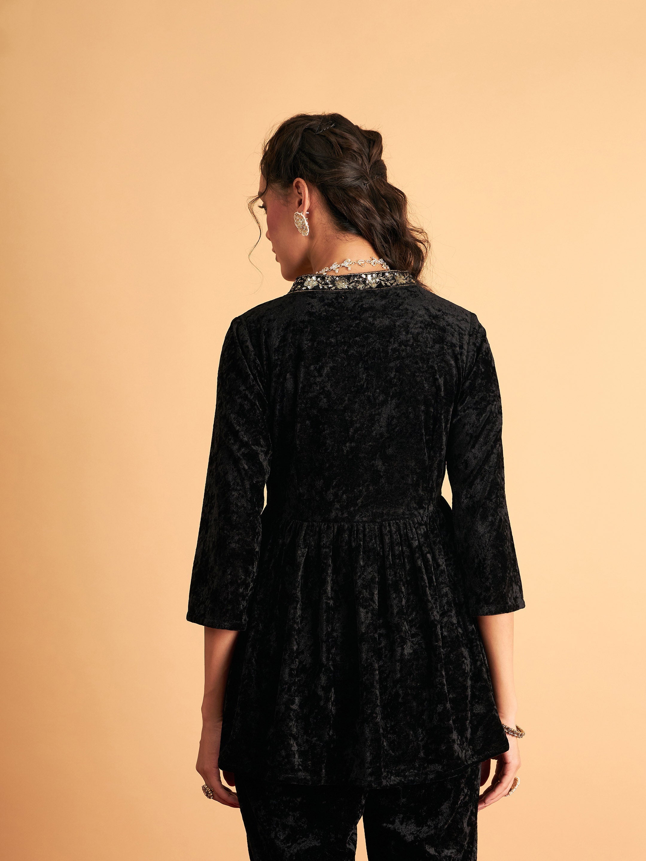 Women's Black Velvet Embroidered Peplum Top - Lyush