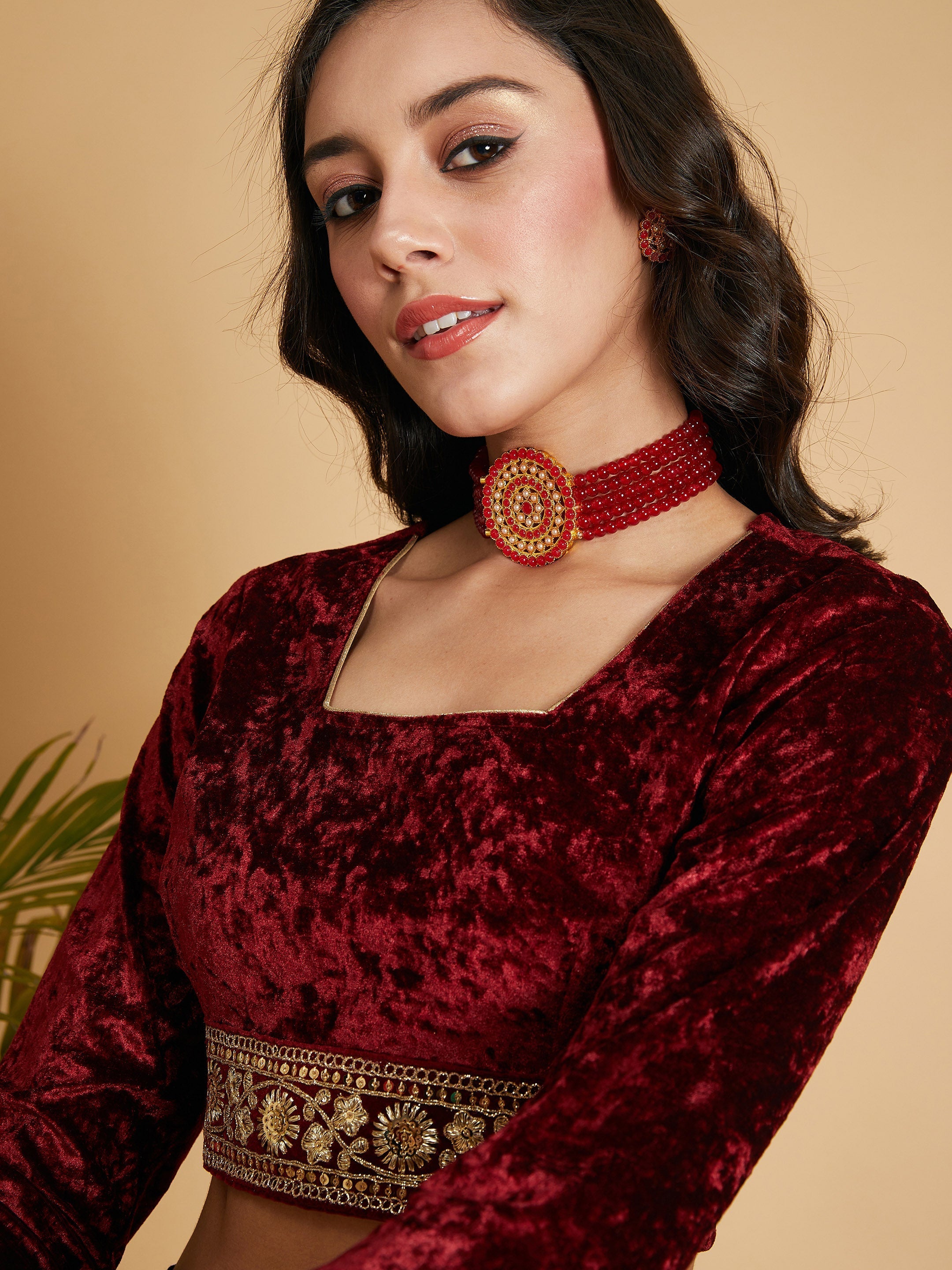 Women's Maroon Velvet Embroidered Crop Top - Lyush