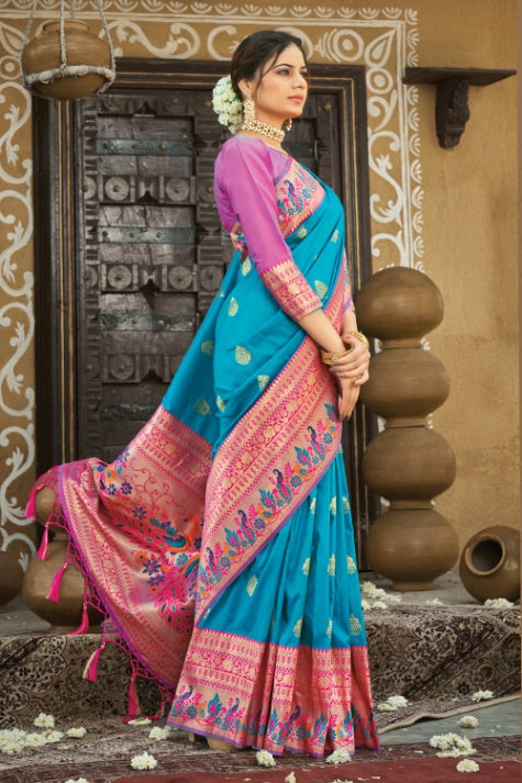 Women's Azure Blue Paithani Saree - Karagiri