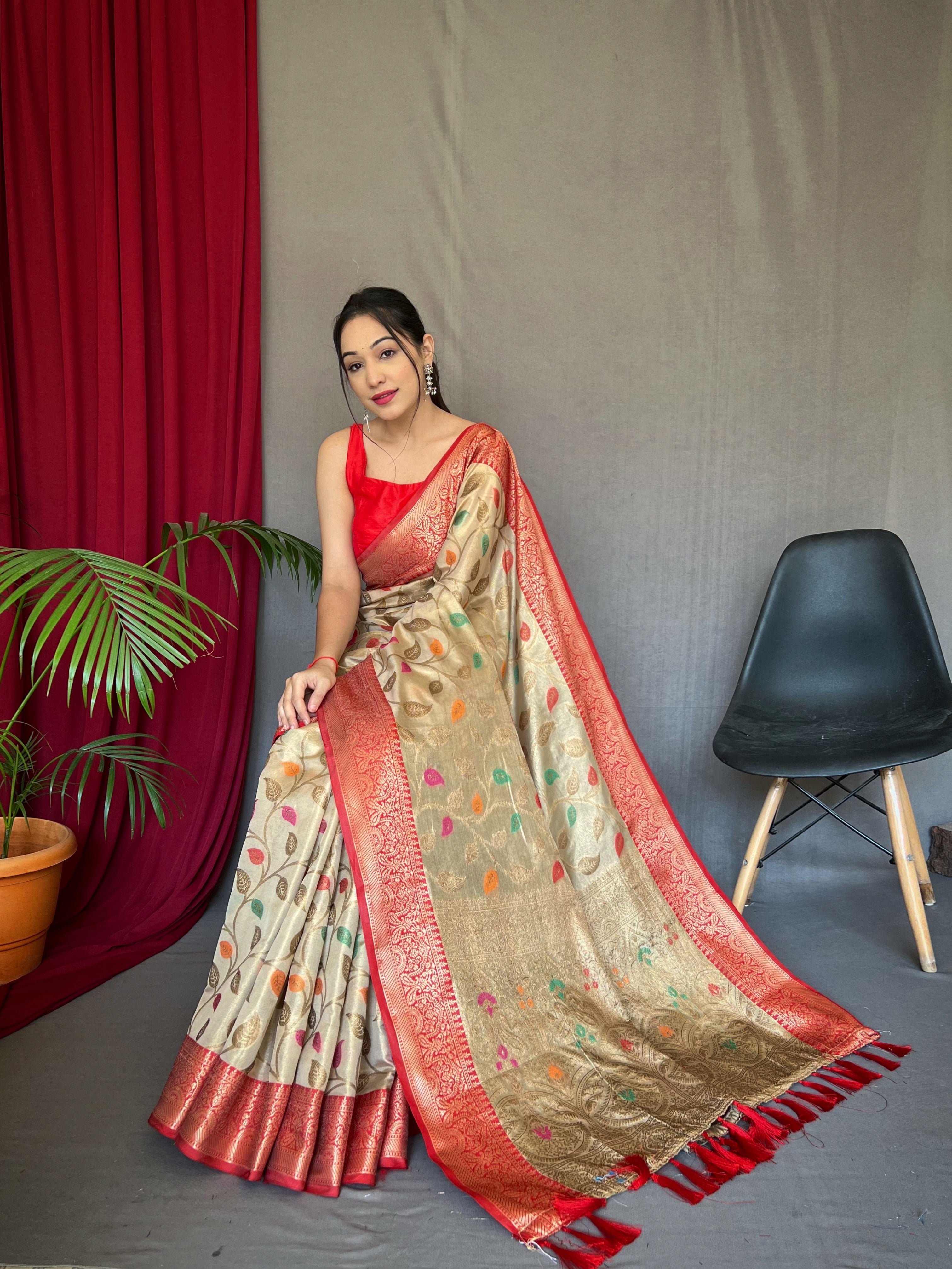 Women's Cream Color Kanjeevaram Tissue Silk Sitara Jaal Meenakari Woven Saree Green - TASARIKA