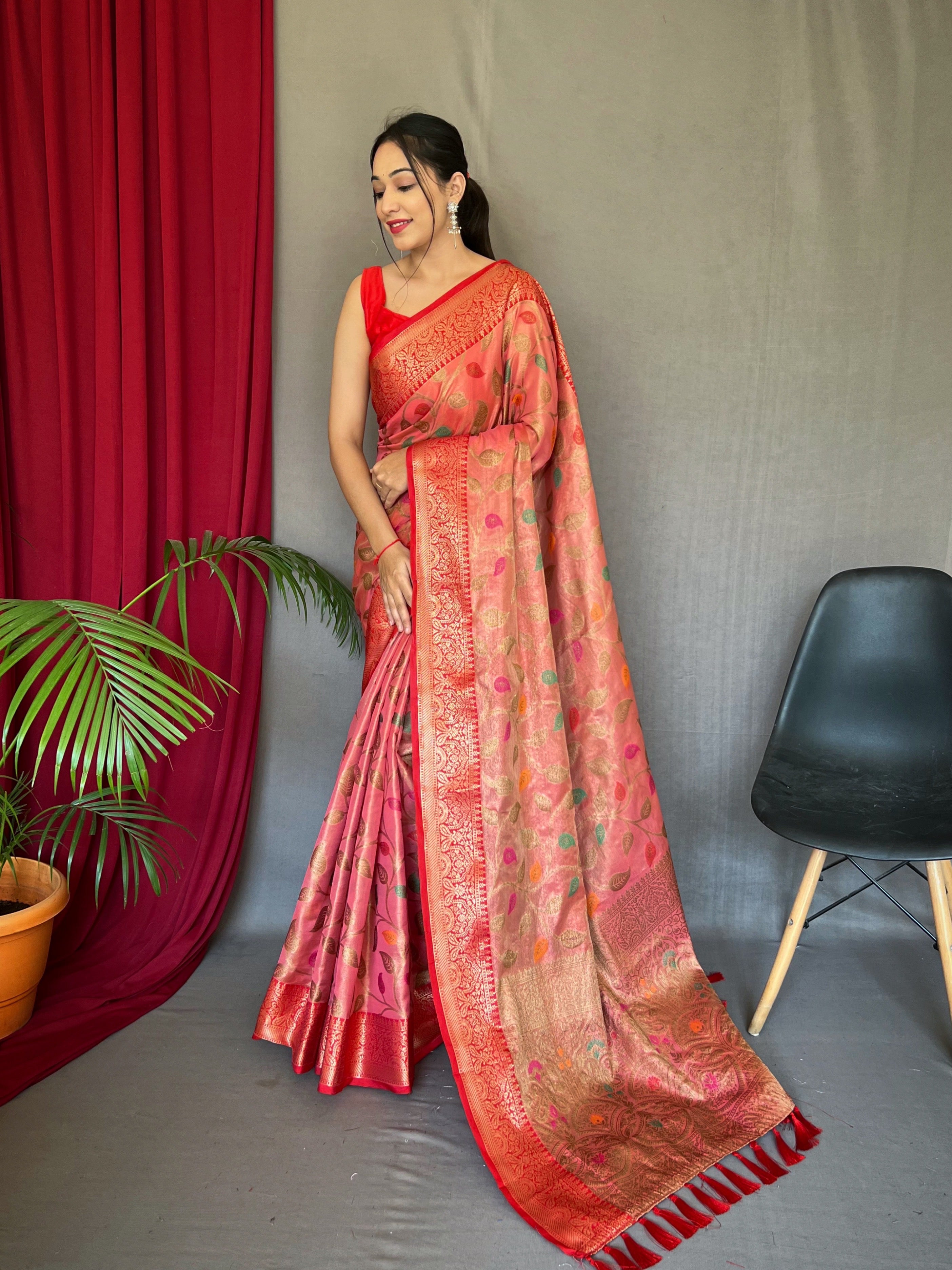 Women's Dark Pink Color Kanjeevaram Tissue Silk Sitara Jaal Meenakari Woven Saree Cream - TASARIKA