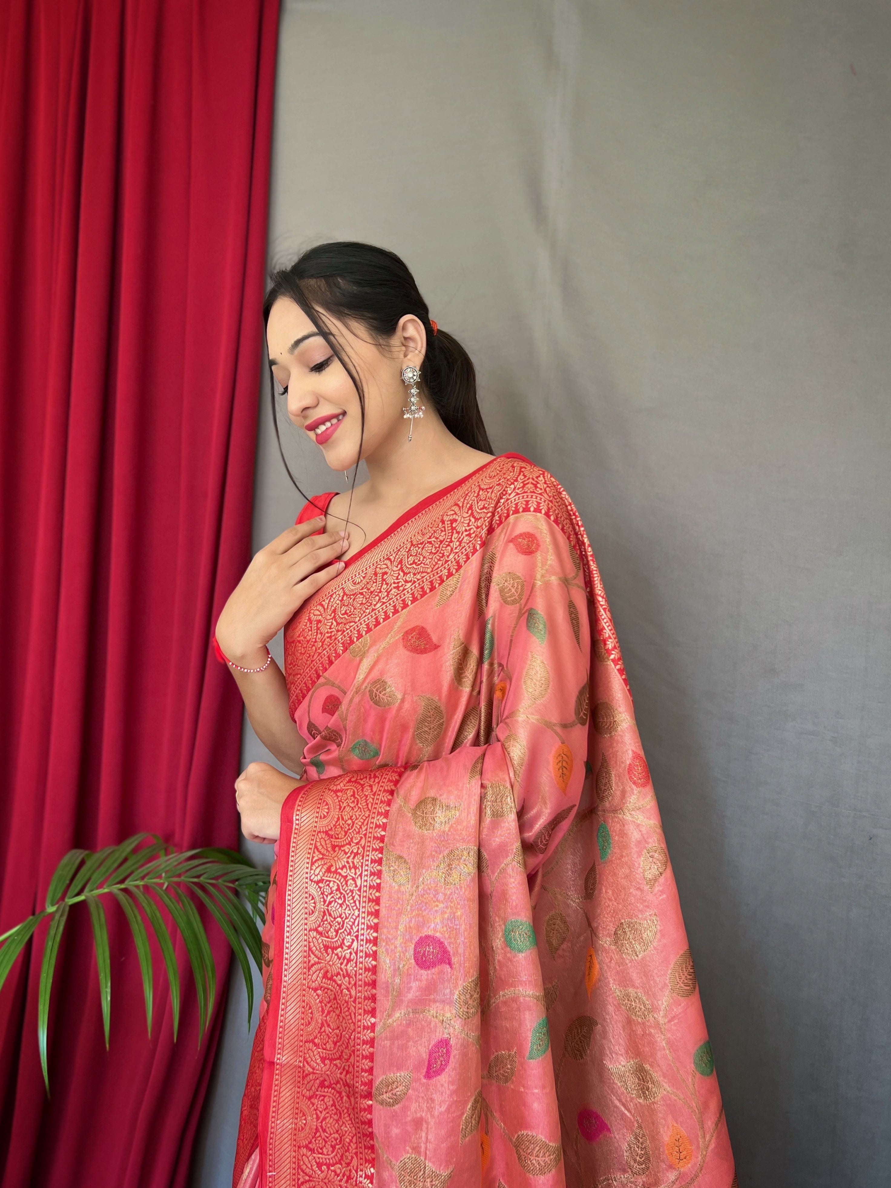 Women's Dark Pink Color Kanjeevaram Tissue Silk Sitara Jaal Meenakari Woven Saree Cream - TASARIKA