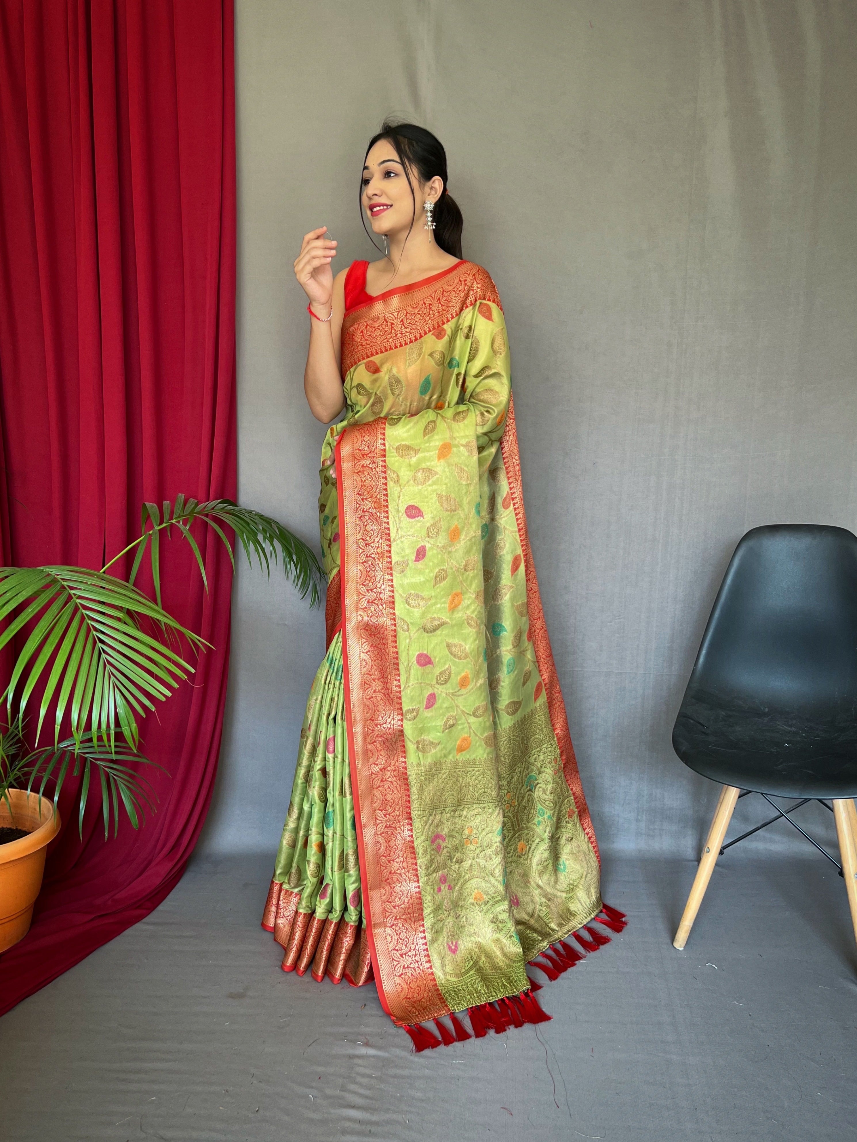 Women's Green Color Kanjeevaram Tissue Silk Sitara Jaal Meenakari Woven Saree Orange Gold - TASARIKA