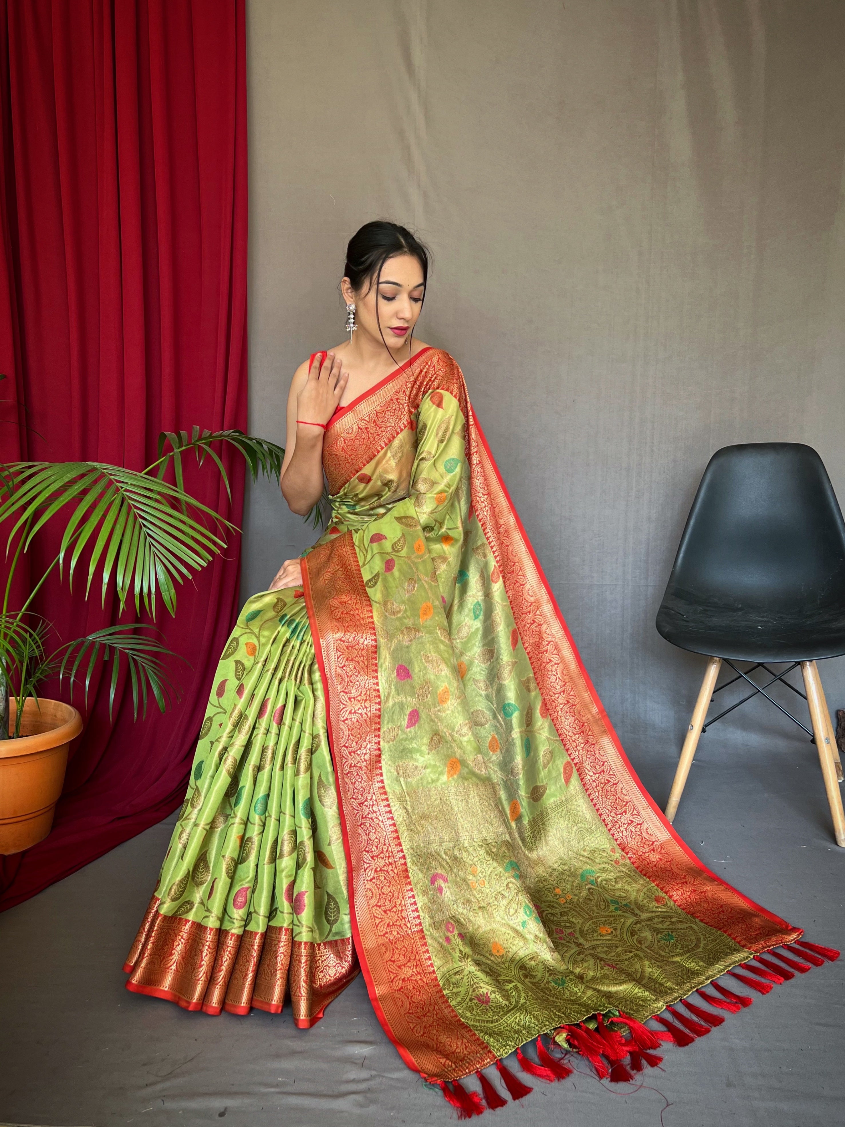 Women's Green Color Kanjeevaram Tissue Silk Sitara Jaal Meenakari Woven Saree Orange Gold - TASARIKA