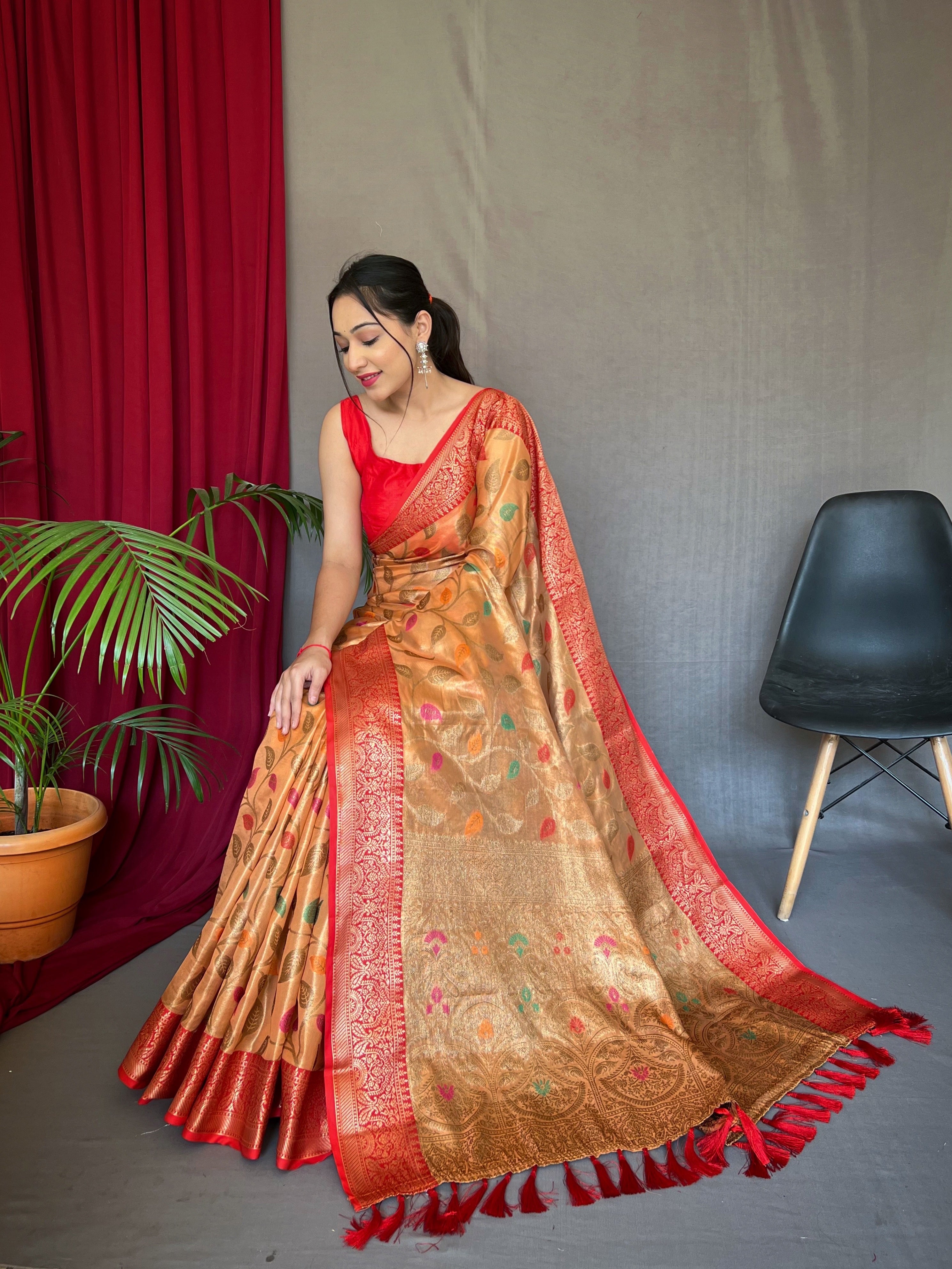 Women's Orange Color Kanjeevaram Tissue Silk Sitara Jaal Meenakari Woven Saree Cyan Blue - TASARIKA
